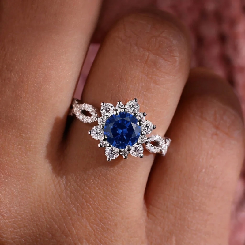 Cristallo Zaffiro Flower Anello | Bianco Oro