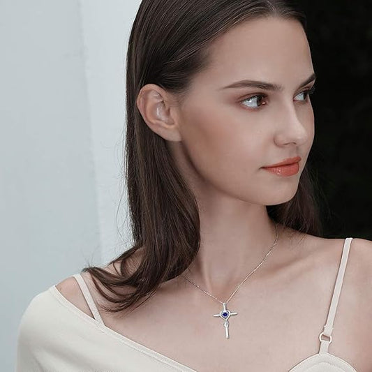 Zaffiro Cuore Pietra Cross Collana | Bianco Oro