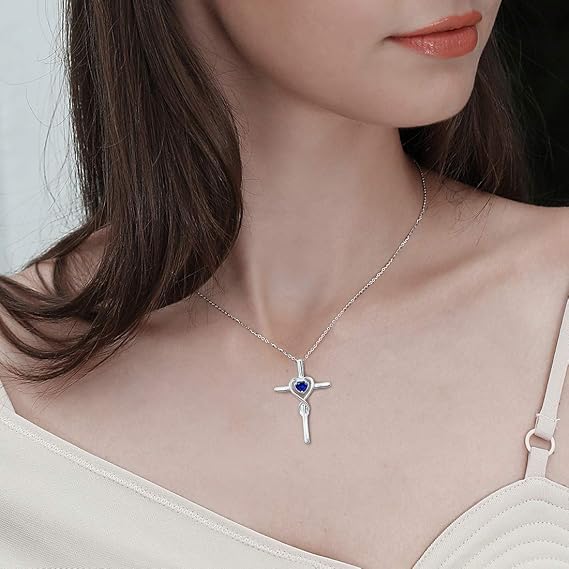 Zaffiro Cuore Pietra Cross Collana | Bianco Oro