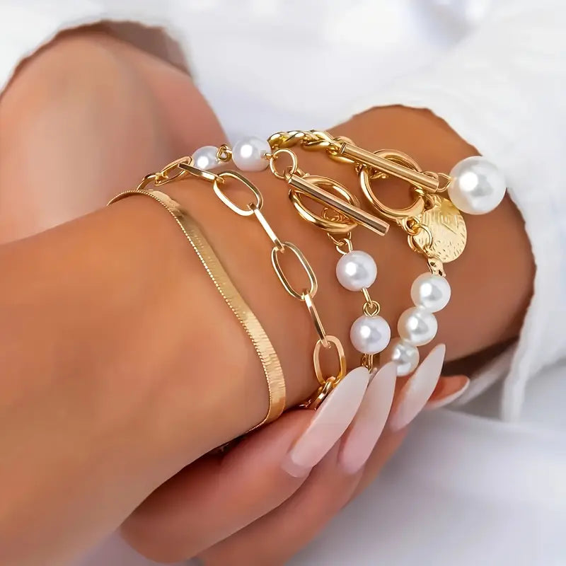 Chic Oro 4-Piece Set Bracciali - Snake, Perle & Links | Oro