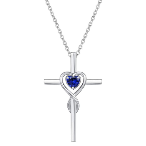 Zaffiro Cuore Pietra Cross Collana | Bianco Oro