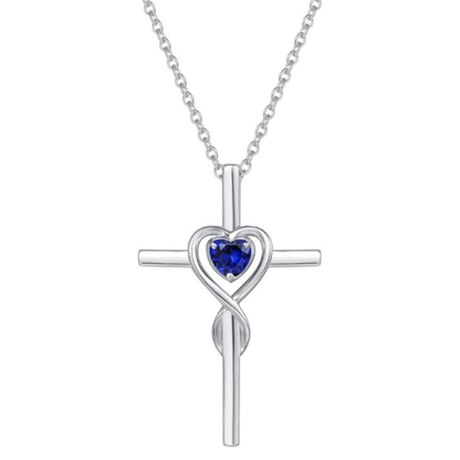 Zaffiro Cuore Pietra Cross Collana | Bianco Oro