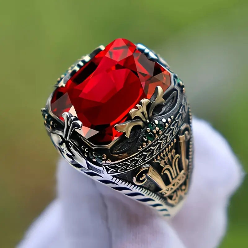 Argento Rubino Ornate Signet Anello