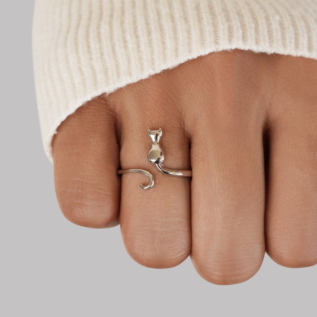 Argento Cat Motif Anello