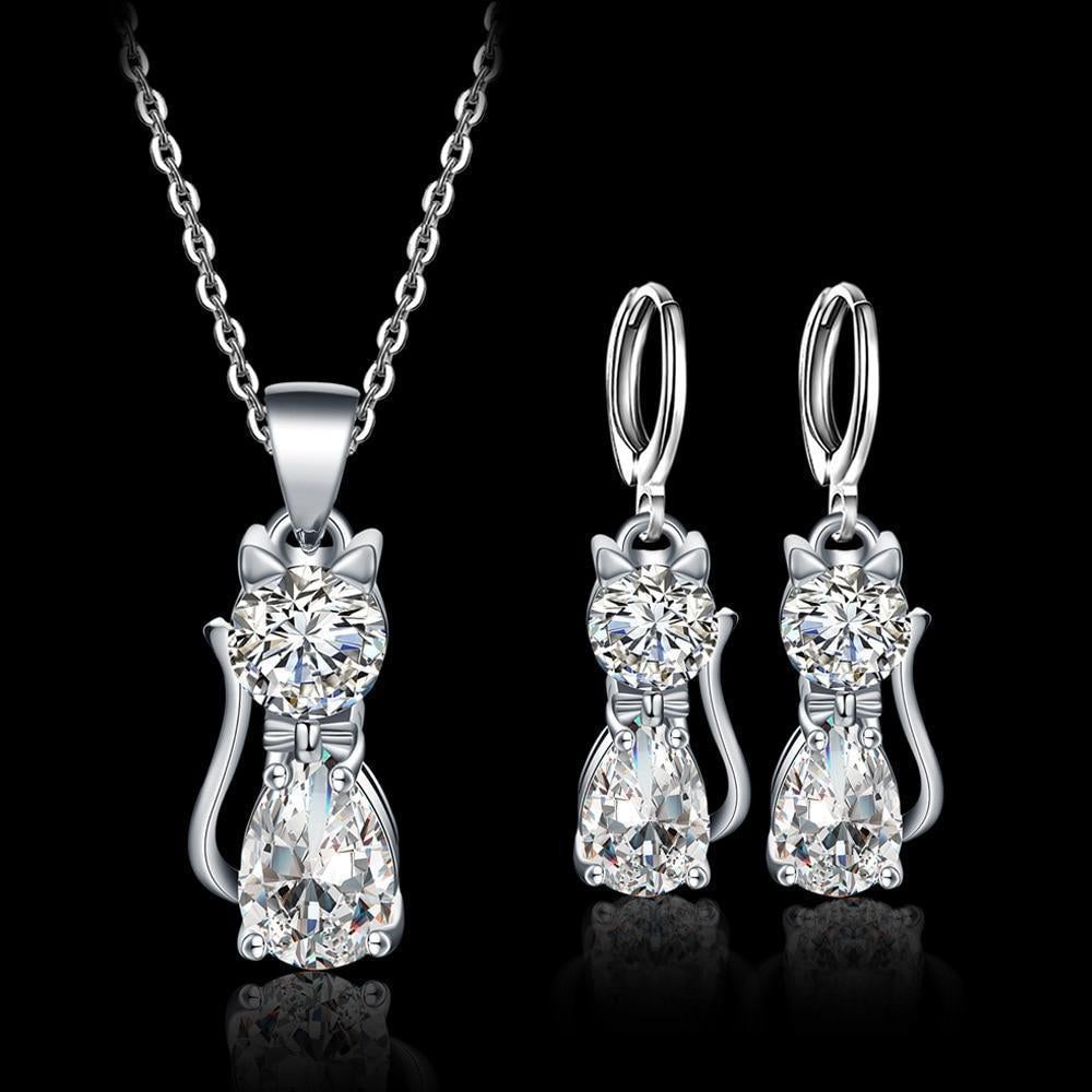 Set Collana + Orecchini Happy Cats in Sterling Argento and Polished Bianco Zirconium