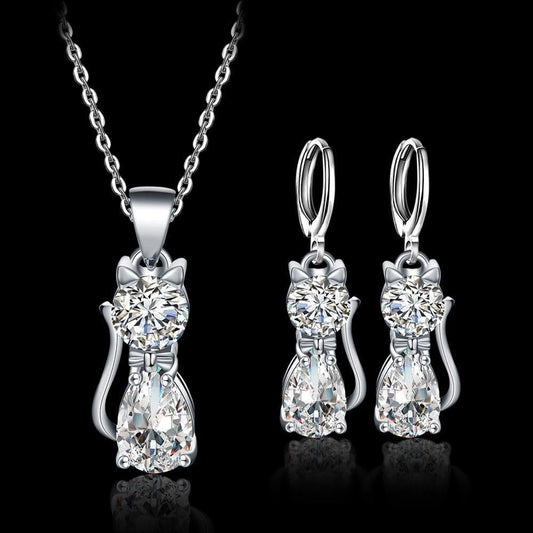 Set Collana + Orecchini Happy Cats in Sterling Argento and Polished Bianco Zirconium